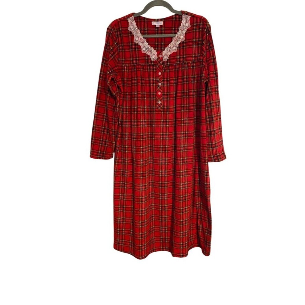Secret Treasures Women's L Red Plaid Flannel Nightgown Lace Trim Casual Cozy